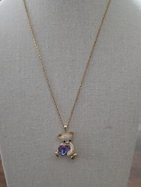Gold Teddy Pendant Necklace with Purple Heart Crystal
